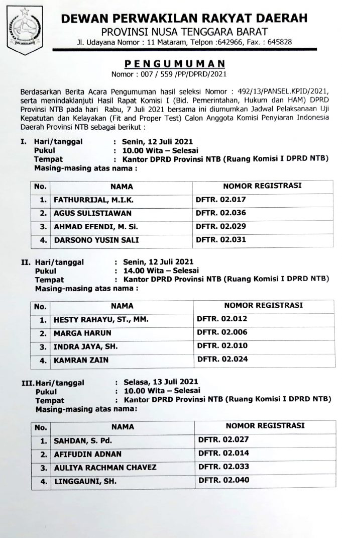 Pengumuman Jadwal Pelaksanaan Uji Kepatutan dan Kelayakan Calon Anggota KPID NTB