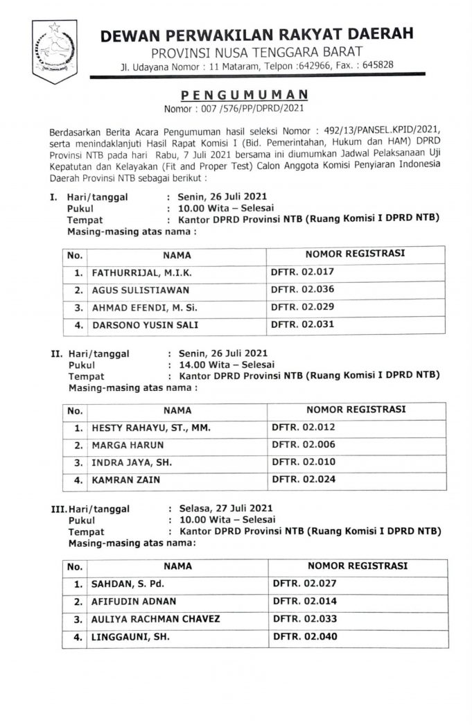 Pengumuman Jadwal Pelaksanaan Uji Kepatutan dan Kelayakan Calon Anggota KPID NTB
