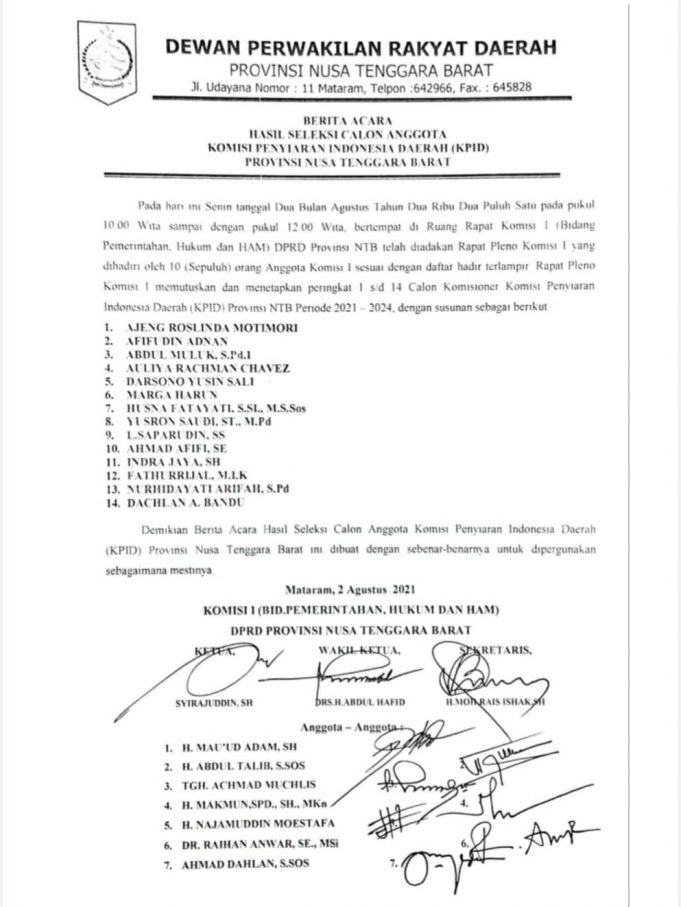 Berita Acara Hasil Seleksi Calon Anggota KPID Provinsi NTB Periode 2021 – 2024