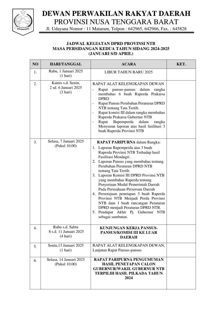JADWAL KEGIATAN DPRD PROVINSI NTB MASA PERSIDANGAN KEDUA TAHUN SIDANG 2024-2025