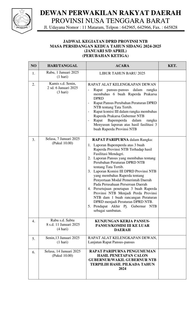 JADWAL KEGIATAN DPRD PROVINSI NTB MASA PERSIDANGAN KEDUA TAHUN SIDANG 2024/2025