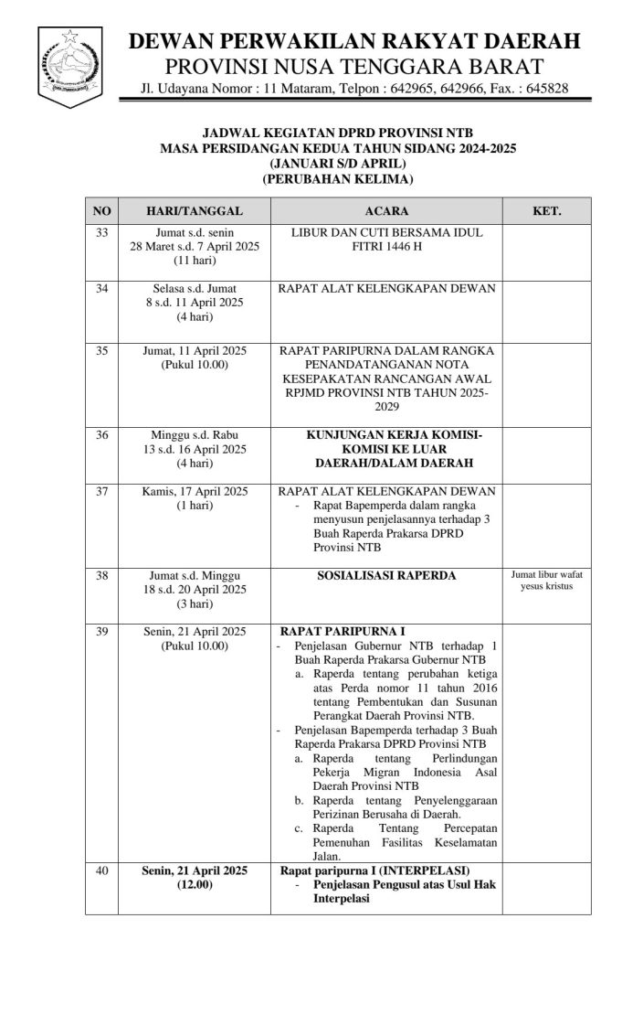 JADWAL KEGIATAN DPRD PROVINSI NTB MASA PERSIDANGAN KEDUA TAHUN SIDANG 2024-2025 PERUBAHAN KELIMA