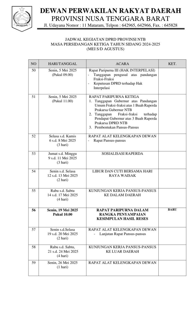 JADWAL KEGIATAN DPRD PROVINSI NTB MASA PERSIDANGAN KETIGA TAHUN SIDANG 2024-2025 (MEI-AGUSTUS)