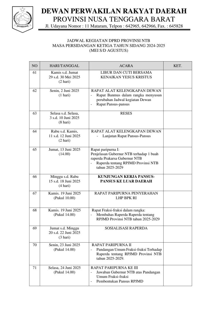 JADWAL KEGIATAN DPRD PROVINSI NTB MASA PERSIDANGAN KETIGA TAHUN 2024-2025
