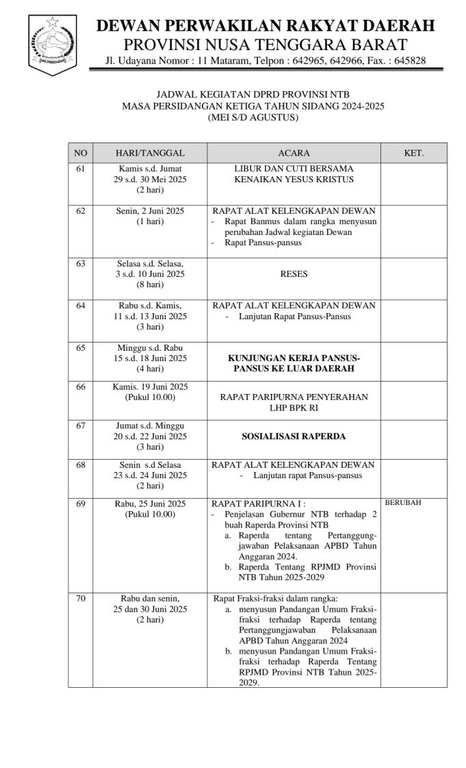 JADWAL KEGIATAN DPRD PROVINSI NTB MASA PERSIDANGAN KETIGA TAHUN SIDANG 2024-2025