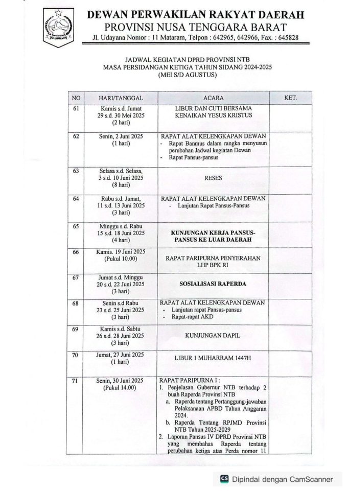 JADWAL KEGIATAN DPRD PROVINSI NTB MASA PERSIDANGAN KETIGA TAHUN SIDANG 2024-2025