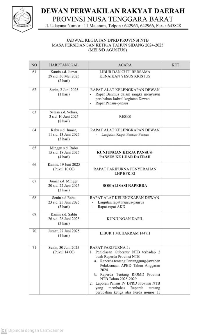JADWAL KEGIATAN DPRD PROVINSI NTB MASA PERSIDANGAN KETIGA TAHUN SIDANG 2024-2025