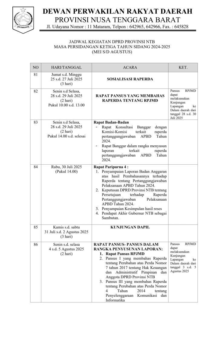 JADWAL KEGIATAN DPRD PROVINSI NTB MASA PERSIDANGAN KETIGA TAHUN SIDANG 2024/2025