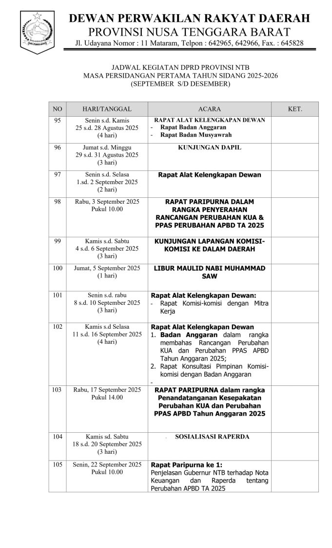 JADWAL KEGIATAN DPRD PROVINSI NTB MASA PERSIDANGAN PERTAMA TAHUN SIDANG 2025-2026