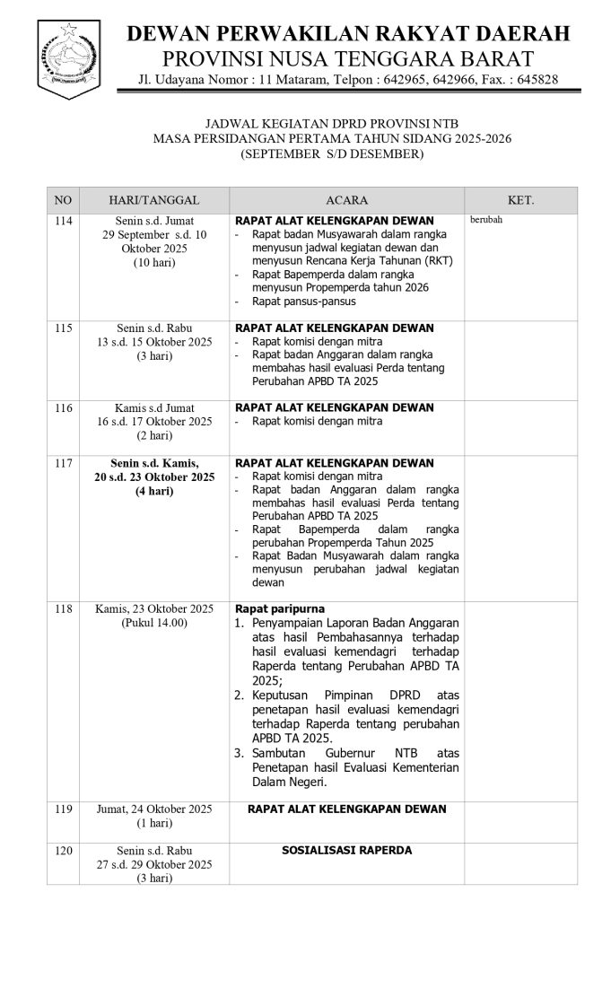 JADWAL KEGIATAN DPRD PROVINSI NTB MASA PERSIDANGAN PERTAMA TAHUN SIDANG 2025-2026